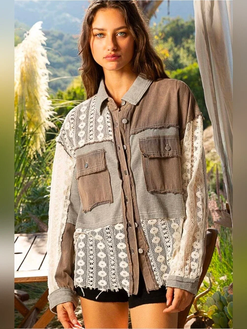 NEW!!! POL Patchwork Lace & Cotton Button-Up Jacket in Taupe and Cream, Sz Large - Picture 2 of 5